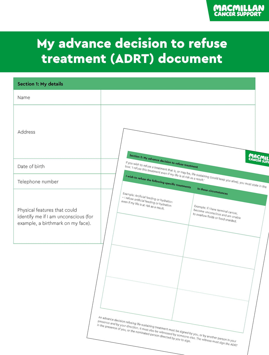 Advance Decision to Refuse Treatment (ADRT) document – Macmillan Orders